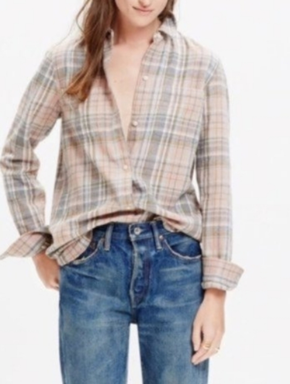 Madewell Ex-Boyfriend Button-Down Flannel Shirt in Pink And Gray Sz Small